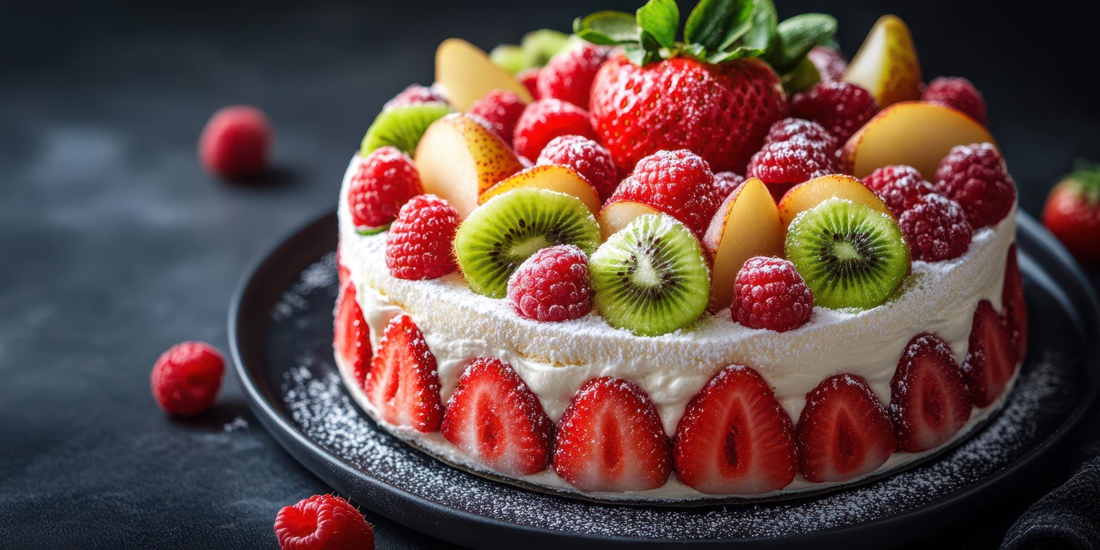 Delicious fruit cake decorated with strawberries, raspberries, and kiwi on a black background
